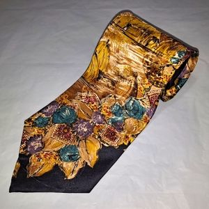 Villa Bugatti 💯 Silk Men's Necktie 57-60" x 3.75" Gold/Black Floral & Farmland